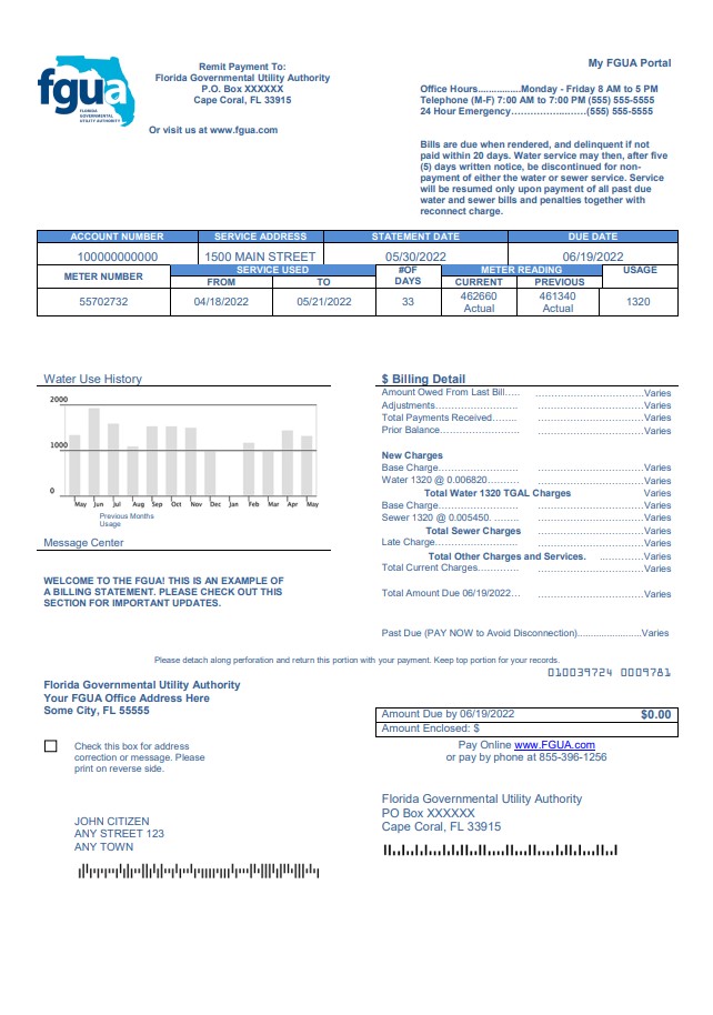 USA Florida FGUA utility bill template in Word and PDF format
